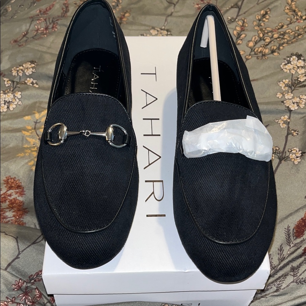 Tahari Women's Black Loafers with Silver Bit